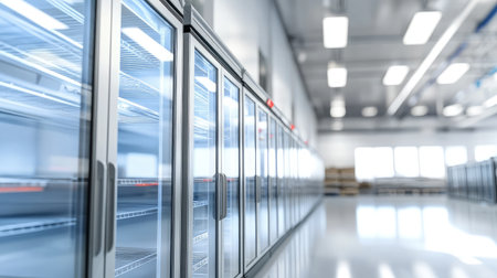 Spacious refrigeration room features sleek glass doors and bright illumination, ideal for commercial use, showcasing empty shelves in a modern and organized environment.の素材