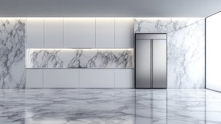 This modern kitchen showcases sleek marble walls and flooring, paired with a minimalist stainless steel refrigerator, creating a stylish and inviting space for culinary creations.の素材