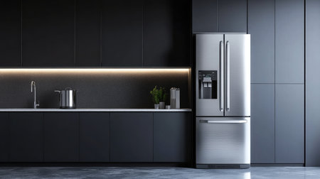 A beautifully designed modern kitchen featuring a stainless steel refrigerator and minimalist cabinetry, highlighting sleek lines and elegant ambient lighting for a stylish atmosphere.の素材