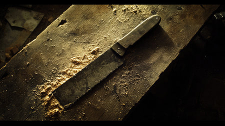 A vintage kitchen knife lies on a weathered wooden surface, surrounded by shavings, evoking a rustic ambiance perfect for culinary themes and creative artistry.の素材