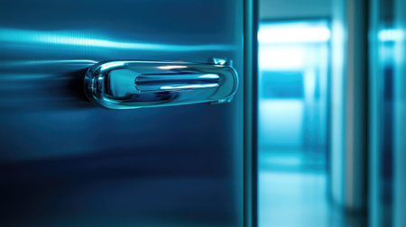 A close-up shot of a polished metallic handle against a backdrop of soft blue lighting, exemplifying contemporary design and modern aesthetics in architectural spaces.の素材