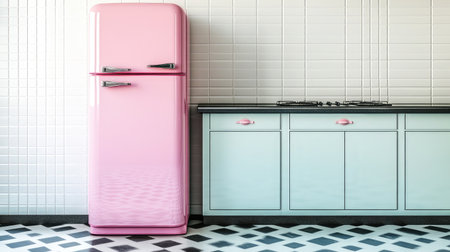 This image showcases a retro-styled kitchen featuring a vibrant pink refrigerator, modern cabinets, and a chic tile floor, creating a cozy and inviting culinary space.の素材