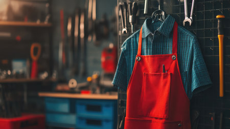 A vibrant workshop scene showcases an orange apron hanging amidst an array of tools, emphasizing the spirit of craftsmanship and the practicality of DIY projects in a well-organized workspace.の素材