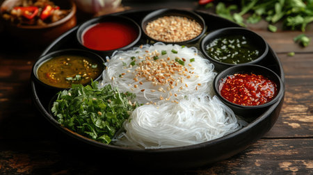A vibrant presentation of fresh rice noodles surrounded by an assortment of colorful dips and fresh herbs, perfect for food photography and culinary inspiration.の素材