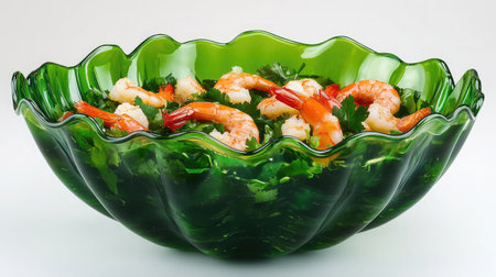 A vibrant seafood salad featuring succulent shrimp and fresh herbs, served in an elegant green glass bowl, perfect for any festive occasion or gourmet dining experience.の素材