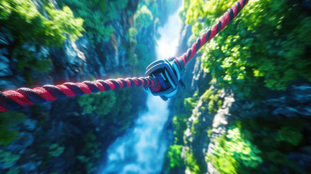 A breathtaking close-up of a safety climbing rope secured with a carabiner, set against the backdrop of a stunning waterfall and lush greenery in a vibrant outdoor landscape.の素材