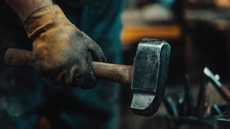 A skilled craftsman holds a heavy hammer in a gritty workshop, highlighting the dedication and artistry behind manual labor and metalworking.の素材