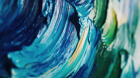 This abstract image captures the beauty of vibrant blue and green oil paint textures, highlighting dynamic brush strokes and intricate details in an artistic composition.の素材