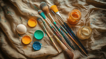 A vibrant arrangement of colorful paints and brushes set on a textured canvas, ideal for illustrating artistic creativity and crafting inspiration in a workspace.の素材