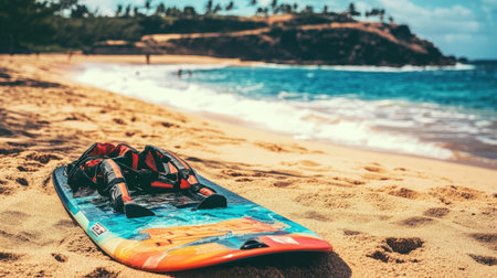 A vibrant surfboard rests on golden sand by the ocean. Gentle waves lap at the shore, framed by a lush tropical landscape, embodying summer bliss and adventure.の素材