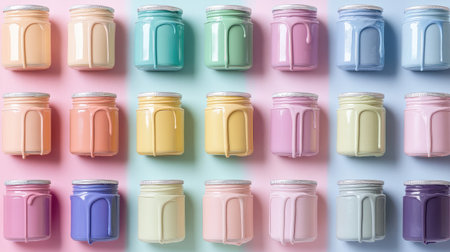 Discover a vivid arrangement of pastel paint cans in various shades, perfect for inspiring home decor ideas and creative art projects with a modern touch.の素材