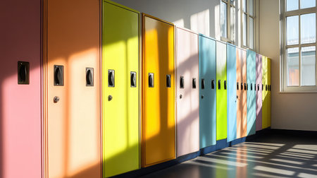 Rows of vibrant lockers in a school hallway bathed in sunlight, creating an inviting atmosphere that reflects modern educational design and bright colors.の素材