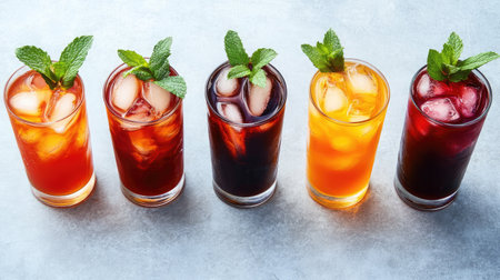 A brightly colored selection of iced drinks garnished with fresh mint, showcasing refreshing beverage options ideal for hot days, social gatherings, or summer parties.の素材