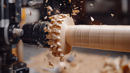 Captivating image showcasing a wood lathe shaping a wooden cylinder, with shavings flying in a workshop setting, highlighting the art of woodworking and craftsmanship.の素材