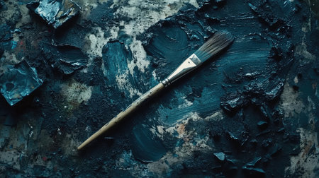 A detailed view of a paintbrush resting on a textured palette, showcasing rich oil paint residues in a creative studio setting. Perfect for art-themed projects.の素材