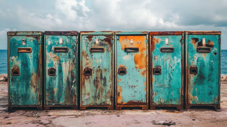 A row of vintage lockers shows vibrant blue rust and weathered surfaces against a scenic coastal backdrop, evoking feelings of nostalgia, adventure, and abandonment in outdoor settings.の素材
