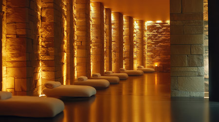 Experience tranquility in this modern spa interior featuring warm lighting, stone walls, and plush loungers, perfect for relaxation and rejuvenation.の素材