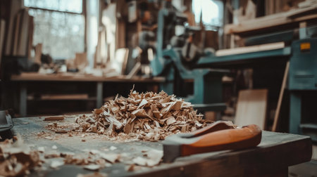 A detailed close-up of wood shavings on a workbench, highlighting the tools used in a vibrant woodworking shop that showcases the beauty of craftsmanship and natural elements.の素材