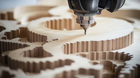 A close-up view of a CNC router meticulously carving intricate designs into a sheet of plywood, highlighting the precision and artistry involved in modern woodworking techniques.の素材