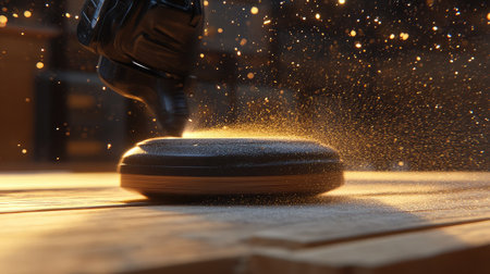 A dynamic close-up image showcasing a polishing tool at work, producing fine dust and sparkles that elevate the aesthetics of the wooden surface in a workshop setting.の素材