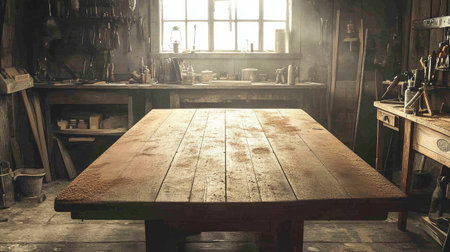 This image showcases a rustic workshop with a large wooden table, bathed in natural light, highlighting the tools and warm atmosphere of a creative workspace.の素材