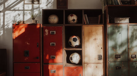 A cozy room scene featuring vintage storage lockers with soccer balls, beautifully illuminated by warm light and playful shadows, ideal for sports-themed projects.の素材
