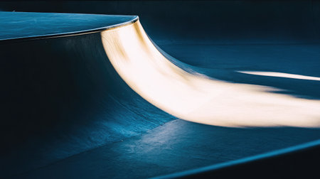 A dynamic scene capturing the beauty of a skatepark ramp. The interplay of light and shadow enhances the smooth curves, embodying urban energy and artistic design.の素材