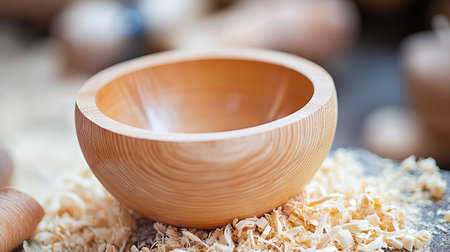 A beautifully crafted wooden bowl lies elegantly on a bed of fresh wood shavings, highlighting the intricate artistry involved in creating unique kitchen and home decor pieces.の素材