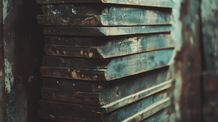 A close-up view of a stack of weathered wooden planks, showcasing texture and rustic charm. Ideal for backgrounds in crafts, home decor, and artistic projects.の素材