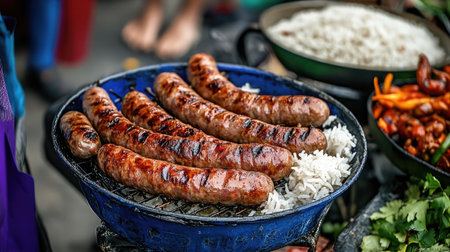 A vibrant outdoor scene showcasing grilled sausages served over rice, highlighting the delicious char and smoky flavor typical of street food culture.の素材