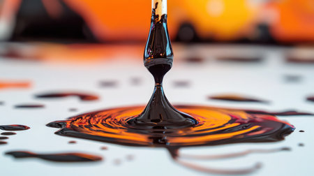 A stunning close-up of black paint dripping down, creating mesmerizing ripples on a glossy surface with a vibrant backdrop, showcasing the beauty of fluid art and creativity.の素材