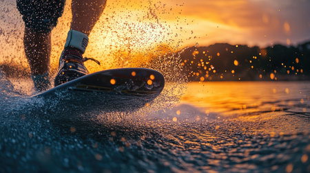 Experience the thrill of wakeboarding at sunset, where splashes and reflections create a stunning backdrop for outdoor adventure and enjoyment.の素材
