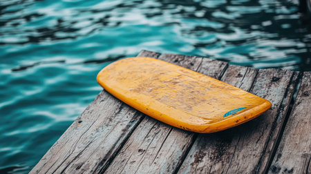 A vibrant yellow surfboard resting on a rustic wooden dock, surrounded by calming blue water. This image evokes feelings of summer, adventure, and relaxation by the shore.の素材