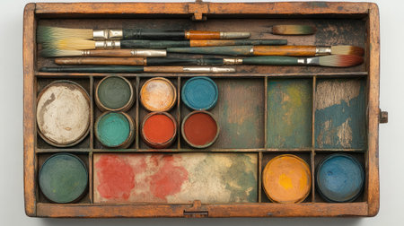 This vintage wooden artist palette showcases assorted brushes and vibrant paints, perfect for creative projects, art education, and artistic expression in various mediums.の素材