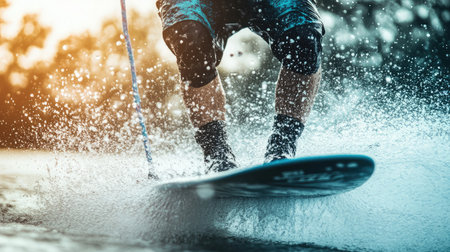 A vibrant scene captures a surfer on a wakeboard gliding over water, creating energetic splashes, embodying the thrill of water sports on a sunny day.の素材