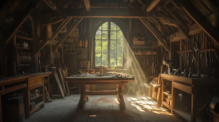 A serene woodworker's workshop filled with sunlight and tools, creating an inspiring environment. Perfect for showcasing craftsmanship and rustic charm in creative spaces.の素材