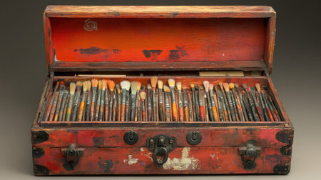 A vintage wooden toolbox filled with a diverse collection of artist paint brushes, showcasing various sizes and styles, perfect for artistic projects and rustic decor.の素材