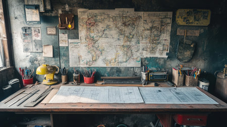 A vintage workshop desk features detailed maps and an array of tools, creating a nostalgic atmosphere for creativity and craftsmanship, set in a rustic environment.の素材