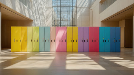 A series of colorful lockers arranged in a modern indoor space, illuminated by natural light, creating a cheerful and vibrant atmosphere suitable for educational environments.の素材