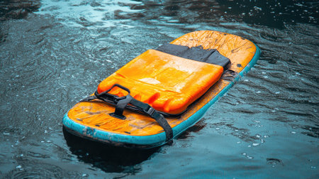 A vibrant surfboard equipped with a bright floatation device floats serenely on water, showcasing the essence of adventure and water sports in stunning detail.の素材