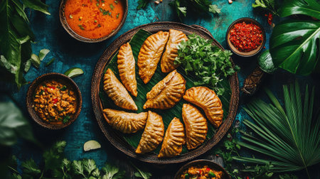 A vibrant arrangement of golden dumplings on a tropical leaf, accompanied by fresh herbs and spicy sauce, creating a feast for the senses on a rustic table.の素材