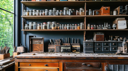 A beautifully arranged workshop featuring a wooden counter, organized jars, and tools, illuminated by natural light through a window, ideal for creative projects.の素材