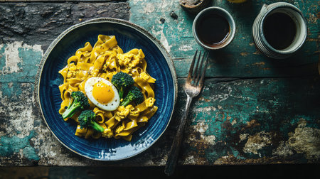 Enjoy a vibrant bowl of fresh pasta topped with broccoli, a sunny-side-up egg, and cauliflower on a rustic table, perfect for a wholesome meal or gourmet breakfast.の素材