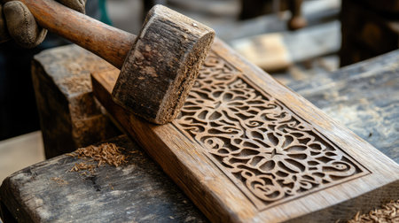 A skilled artisan uses a hammer on a beautifully carved wooden piece, highlighting detailed patterns and textures in a traditional woodworking environment.の素材