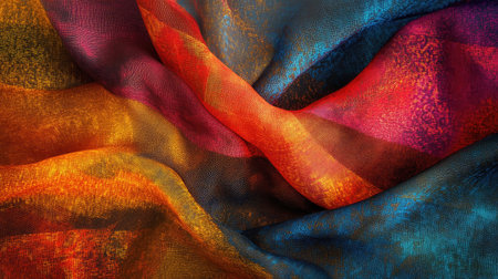 Experience the captivating beauty of this colorful silk fabric with rich textures and dynamic patterns, perfect for artistic projects, backgrounds, and creative designs.の素材