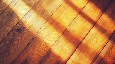 Captivating view of a wooden floor illuminated by sunlight, casting intricate shadows and highlighting natural textures, creating a warm and inviting atmosphere.の素材