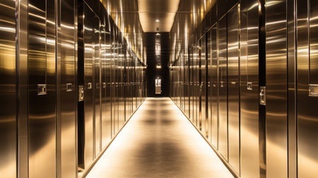 This image features a stylish metallic corridor lined with lockers, illuminated by warm lighting that enhances the modern and sleek design of the space.の素材