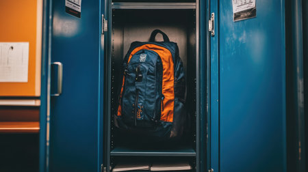A blue and orange backpack is stored upright inside a school locker, creating a tidy and organized atmosphere suitable for students and academic settings.の素材