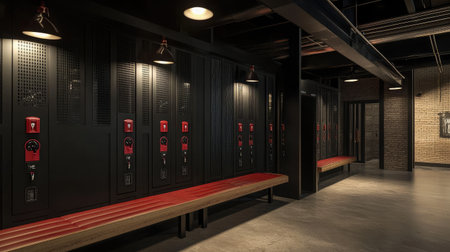 A striking interior of a modern locker room featuring black lockers and red accents, designed to enhance the ambiance of a trendy gym or fitness facility.の素材