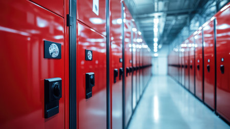A corridor filled with vibrant red lockers, designed for secure storage. The image captures the essence of modern organization in bright lighting, suitable for various environments.の素材